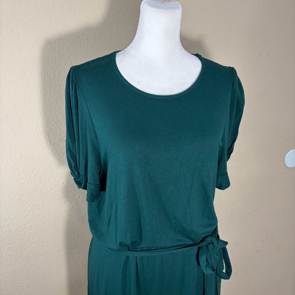 Boden Dark Green Belted Waist Short Sleeve Knot Detail Jersey Mini Dress Sz 12R - Picture 3 of 11